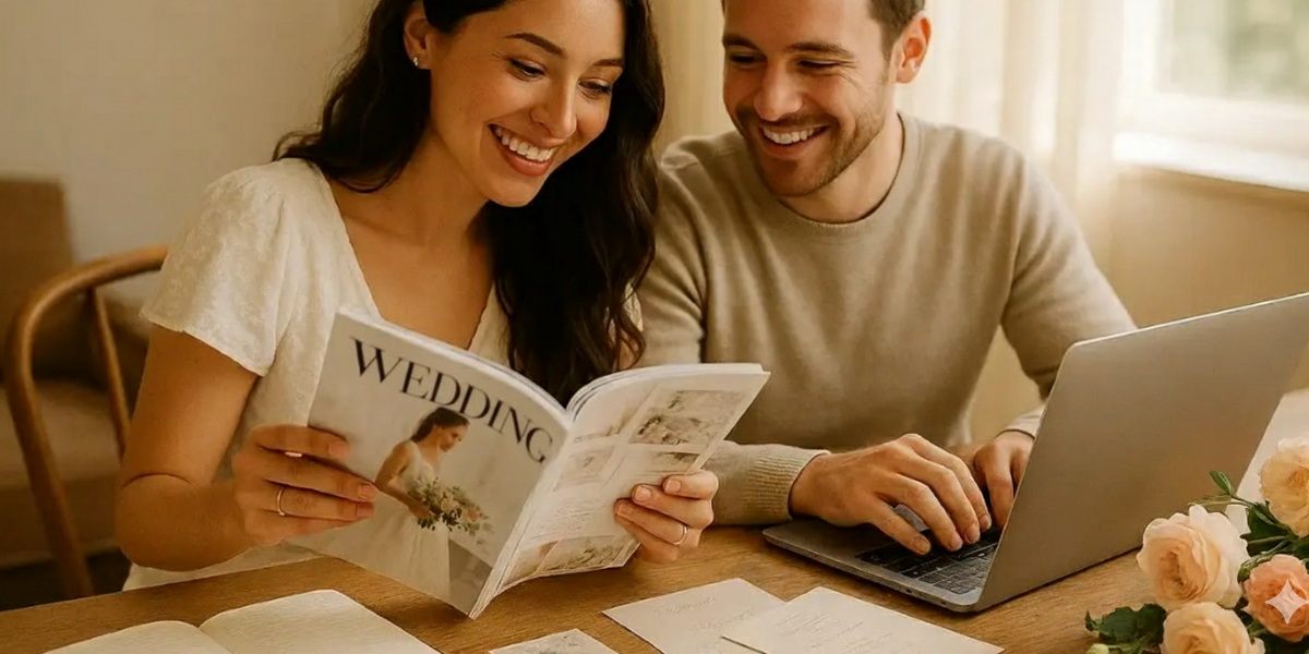 Engaged couple planning a wedding budget at a cozy table with laptop, invitations, and flowers.