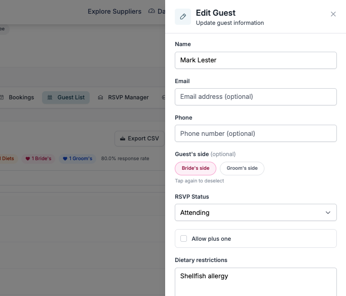 Toggle between bride or groom side. 