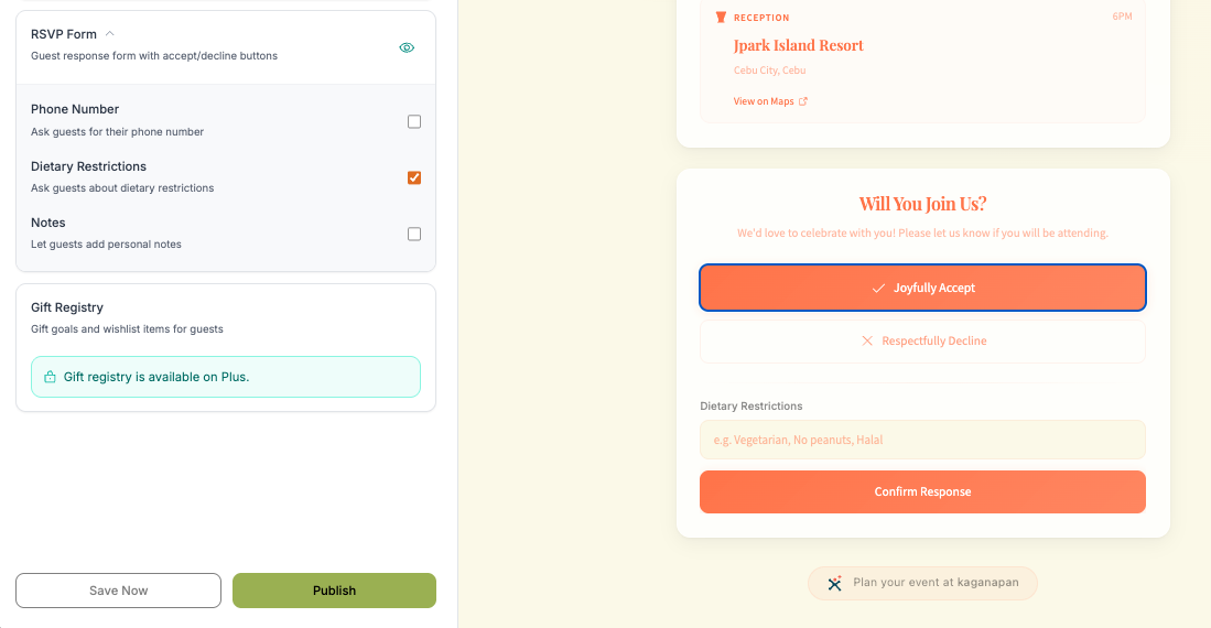 Customize your RSVP form with optional dietary restriction form