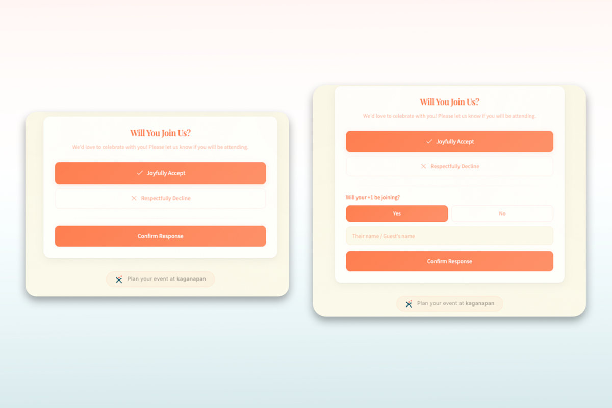 Two versions of the RSVP form — one guest WITH plus-one field visible, one guest WITHOUT