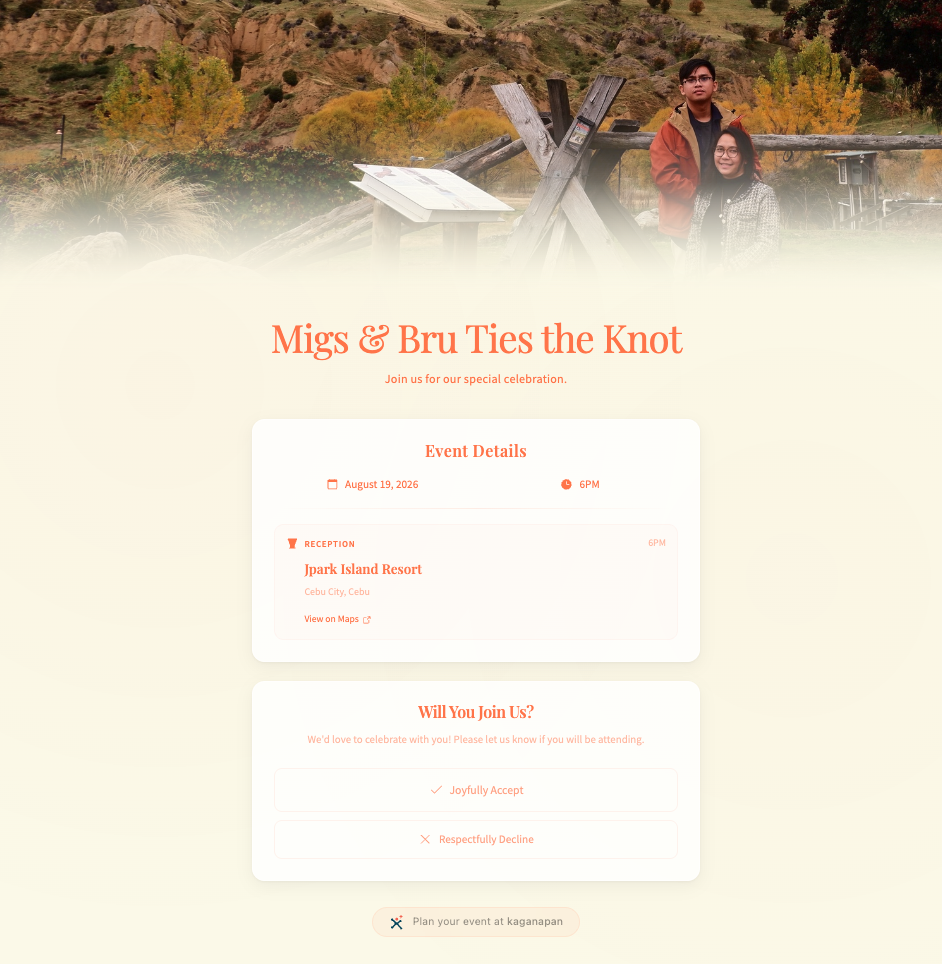 RSVP page from the guest's perspective — full page view showing the themed design