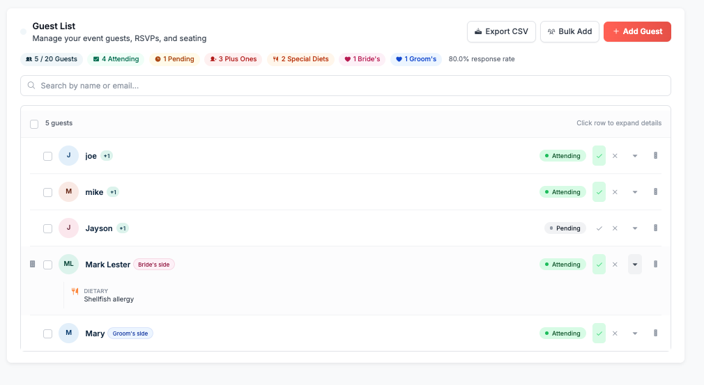 Dashboard view showing guest list with RSVP statuses — attending, pending, declined — with counts visible